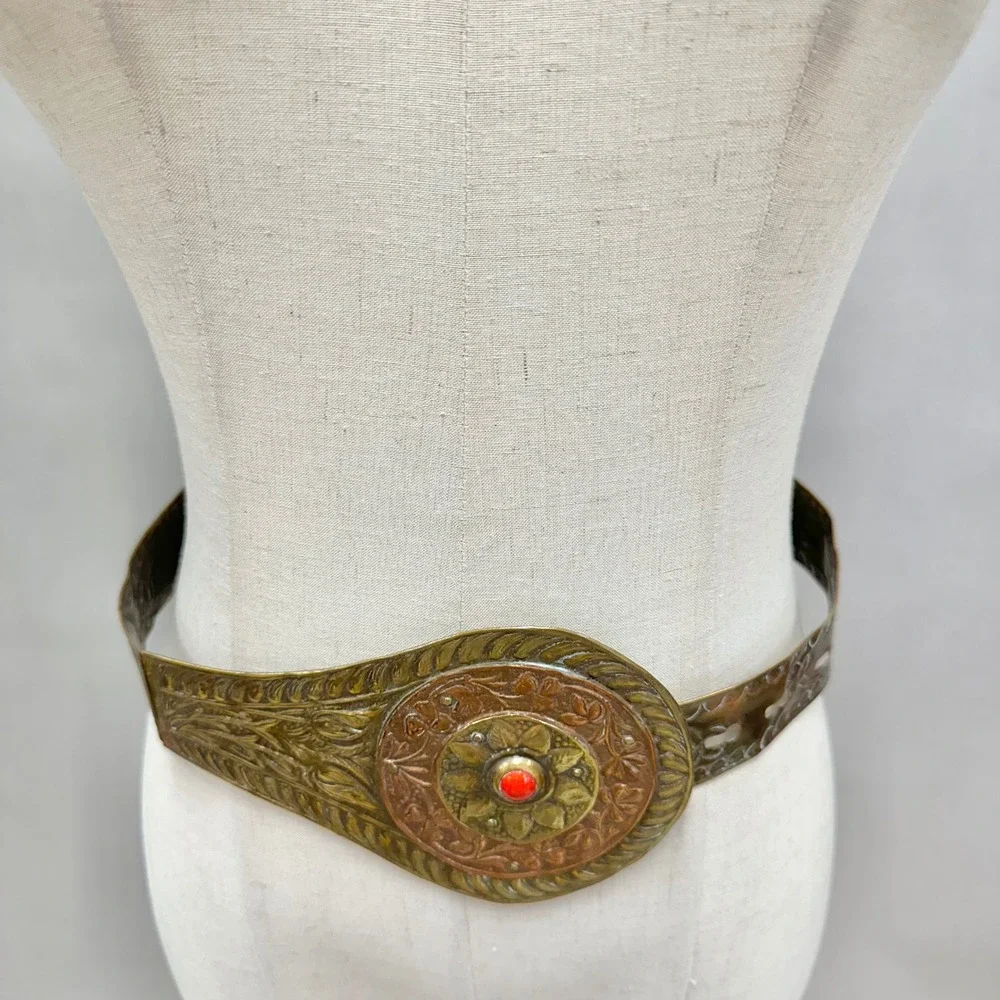 Vintage Brass & Copper Etched Metal Belt  Red Cabochon Centerpiece Made in India